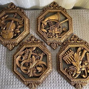 Set 4 Vintage Homco Music Instruments Molded Gold MCM Wall Art Plaques